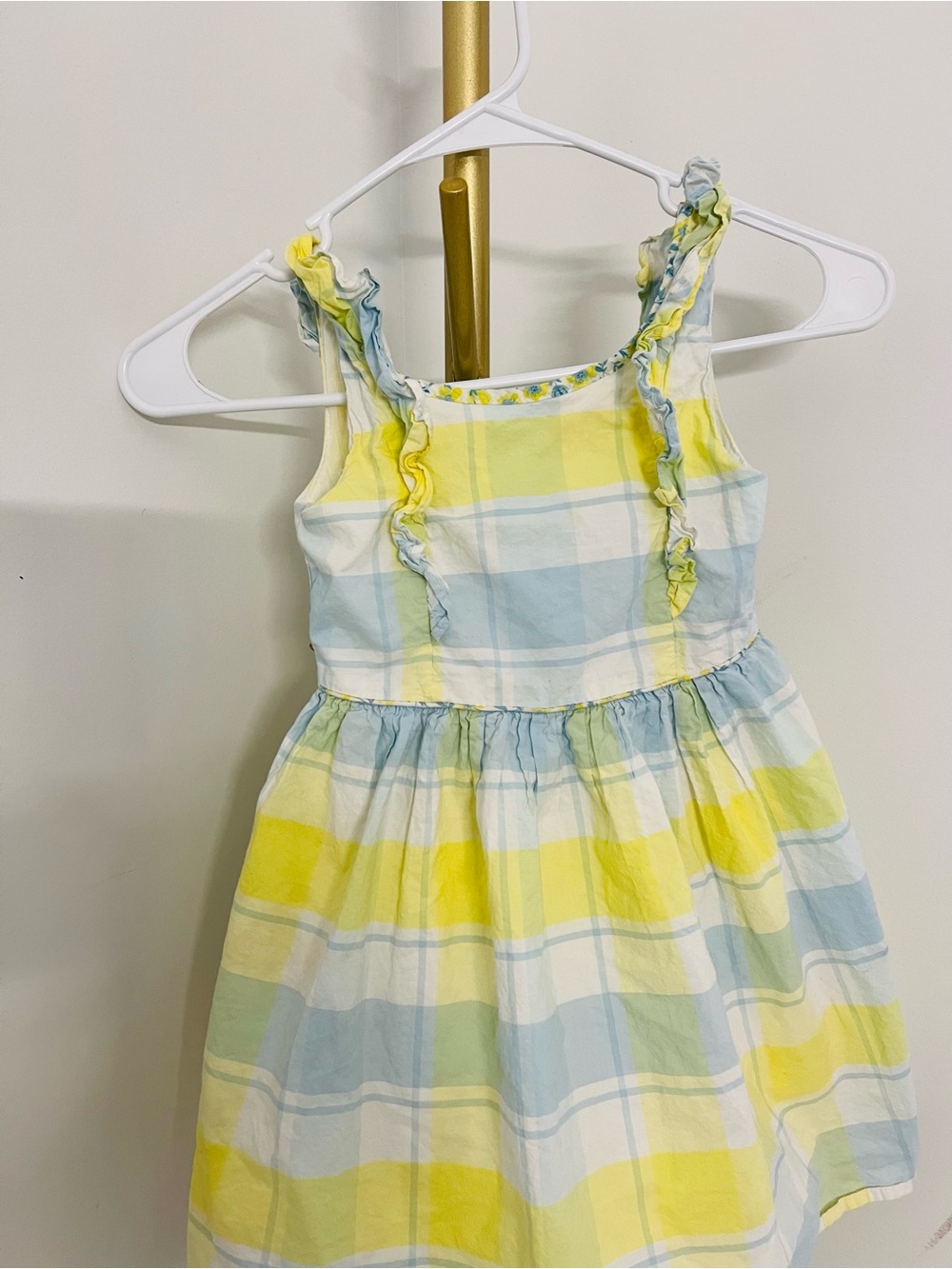 Girls Yellow & Light Blue Plaid Ruffle Strap Dress